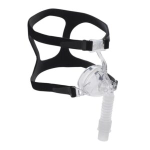 The 100NDEM CPAP mask features black headgear, a clear plastic nasal cushion, an adjustable strap, and a flexible white hose attachment.