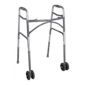 The 10220-1WW is a gray, adjustable walker featuring two front wheels and rubber grips.