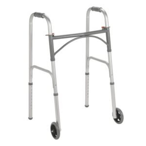 The 10247-1 is a gray folding walker featuring two front wheels and adjustable height settings.