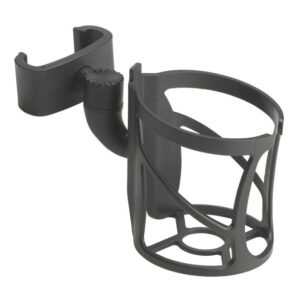 Side view of the 10266-CH, a black plastic cup holder with a clamp attachment and open design.