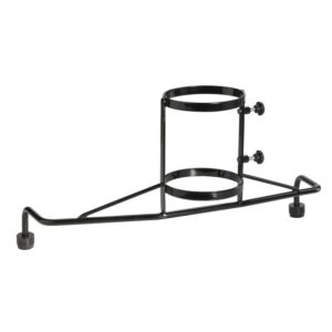 The 10266HD-4OX is a black metal drum stand featuring two circular holders and three legs, ideal for supporting and stabilizing cylindrical objects.