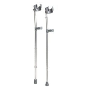 Two 10405 adjustable metal crutches with gray forearm supports and rubber tips stand upright against a white background.