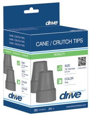 Box of grey cane/crutch tips by Drive Medical, labeled "Mobility," featuring 7/8" (2.2 cm) diameter size specifications. Includes QR code and product illustration. Product Name: 10439-8.
