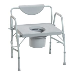 The 11135-1 is a gray padded commode chair with armrests, backrest, adjustable height frame, and a removable bucket below the seat.