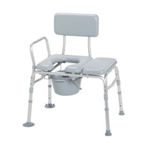 The 12005KDC-1 is a gray shower chair with adjustable height, featuring a backrest, cut-out seat, side armrests, and a removable bucket for supporting users in bathing and toileting.