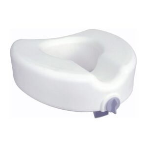 12014: An elevated white plastic toilet seat riser featuring a side adjustment knob, set against a plain background.
