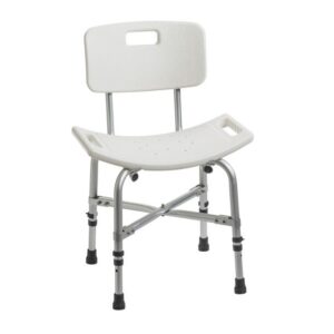 The 12021KD-1 white shower chair includes a backrest, contoured seat with drainage holes, adjustable metal legs, and integrated support handles.
