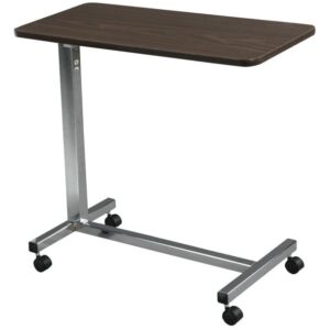 The 13067 is an adjustable overbed table featuring a rectangular wooden top, a metal frame, and four caster wheels for support.