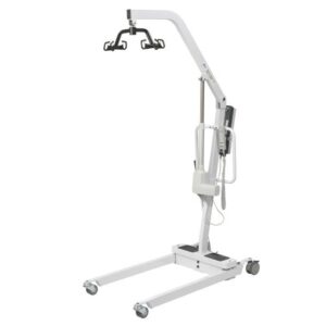 The 13240 patient lift features a white U-shaped base, a hydraulic pump, and hand controls for easy transfers. It includes wheels and a supporting arm with hooks for sling attachment.