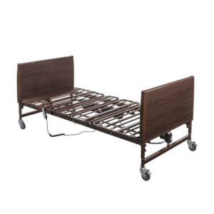 The 15300LW hospital bed frame features adjustable metal rails, a brown wooden headboard and footboard, and caster wheels.