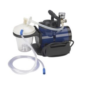 The 18600 is a portable suction machine featuring a blue motor, an attached gauge, a collection jar, and a transparent hose.