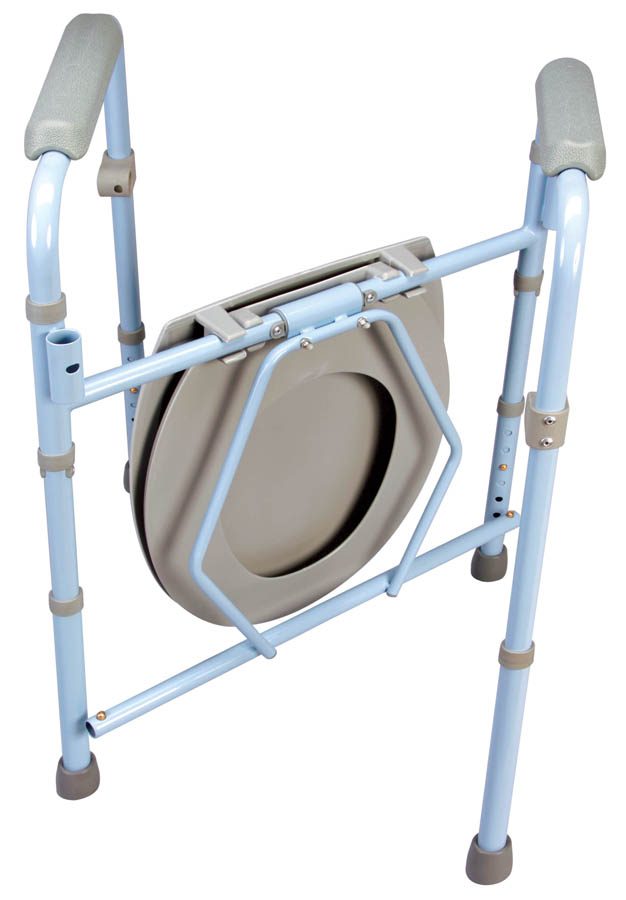 A foldable commode chair with a light blue frame and gray seat is shown from the side.