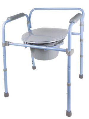 The FGB34100 is a blue adjustable portable commode chair with armrests and a removable bucket, ideal for home healthcare use.