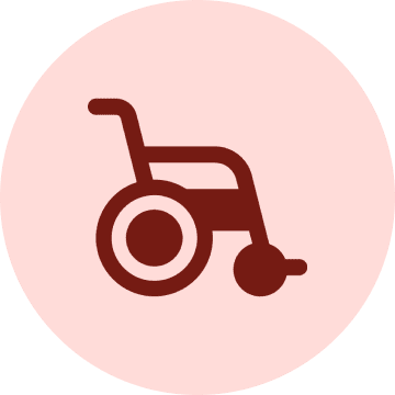 Red wheelchair icon on a pink circular background.