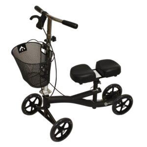The ROS-KSB is a black knee scooter featuring four wheels and a mesh basket attached to the handlebars.