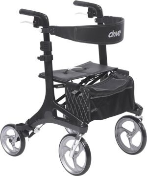 The RTL10266CF is a black mobility walker featuring four wheels, a storage compartment, a seat, and visible branding on the backrest.