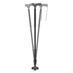 The RTL10305 is a black walking cane with a pivoting base and ergonomic handle, shown from three angles. It includes height adjustment sections and a wrist strap.