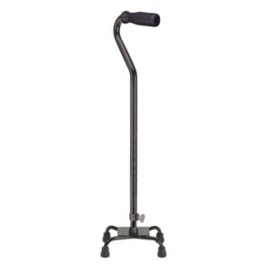 The RTL10310 is a black quad cane featuring an offset handle and four rubber-tipped feet for enhanced stability.