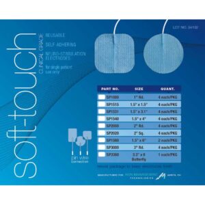 Packaging design for SP2020 neuro-stimulation electrodes features a blue background with images of the electrodes, product listing, and specifications. It includes phrases like "reusable" and "self-adhering.