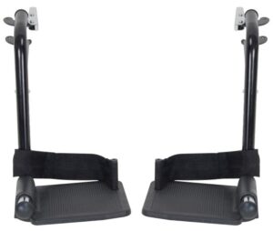 The STDS3J24SF pair of black wheelchair footrests includes footplates and adjustable straps, designed symmetrically to face each other.