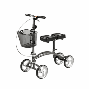 Four-wheeled knee scooter with a basket and brakes.