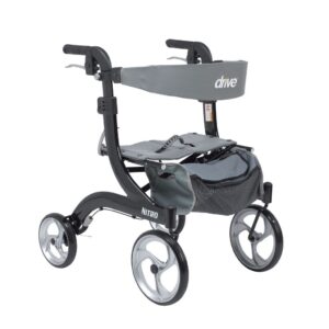 Black four-wheeled walker with storage bag and seat support.