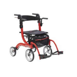 Red and black mobility walker with seat and wheels for support.