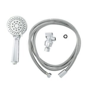 Set of handheld showerhead, flexible hose, and mounting accessories.