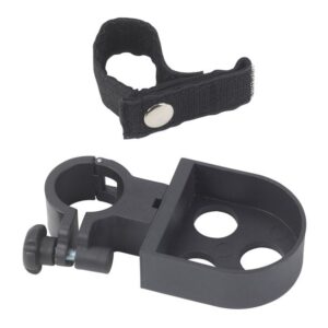 Black plastic and metal mounting bracket with adjustable clamp.