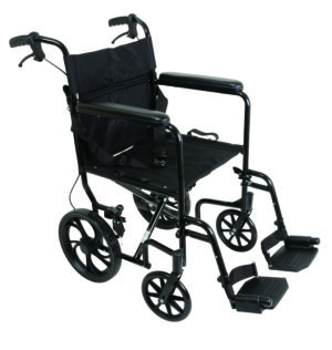 A black foldable wheelchair with large rear wheels and footrests.