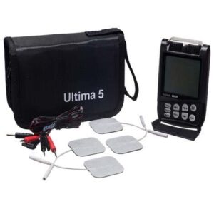 Portable Ultima 5 TENS unit with electrodes and carrying case.