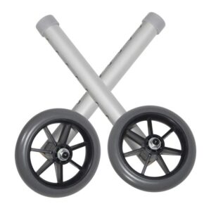 Two black wheels with gray axles crossed against a white background.