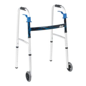 A lightweight walker with front wheels and adjustable legs for mobility assistance.