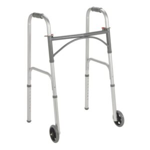 A silver walker with two front wheels and adjustable height.