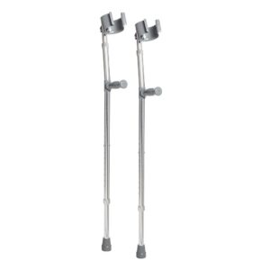 Pair of adjustable aluminum forearm crutches with rubber tips.