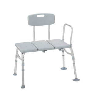 Adjustable shower chair with backrest and armrest for safety.