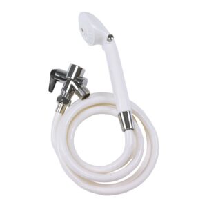White handheld bidet sprayer with hose and metal valve fitting.