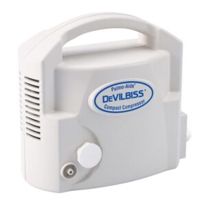 White portable oxygen concentrator with handle and control knob.
