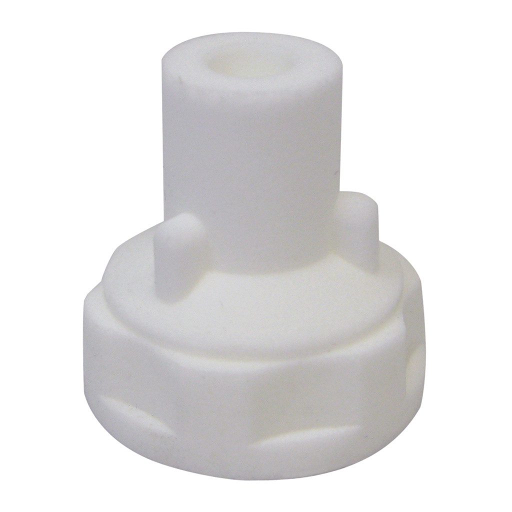 White plastic threaded cap with a small side nozzle.
