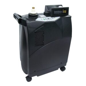 A black portable oxygen concentrator with wheels and control panel.