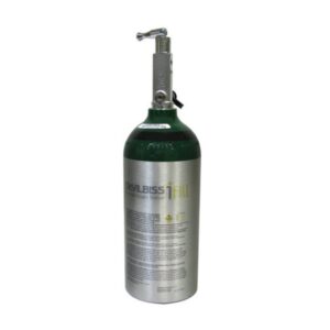 A green and silver oxygen cylinder with a valve on top.