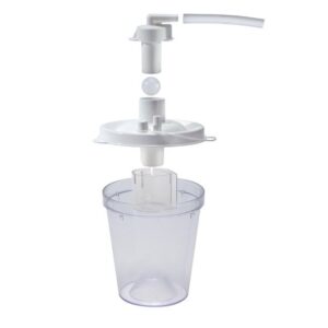 Transparent plastic pump dispenser with a clear container.