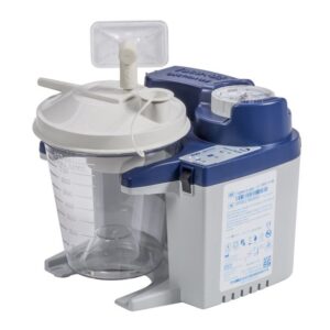 A medical suction machine with a transparent collection container and control knob.