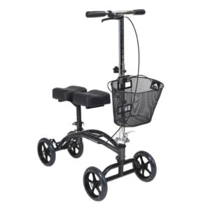 Four-wheeled knee walker with basket and handlebars.