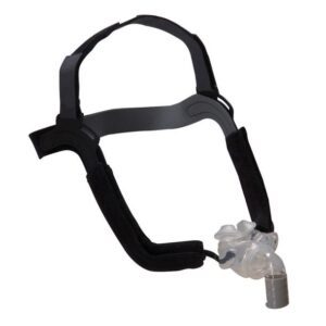 CPAP nasal mask with headgear for sleep apnea therapy.