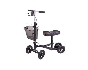 Four-wheeled knee scooter with a basket and handlebar brakes.