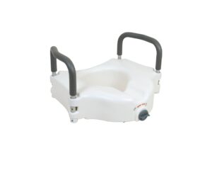 White bath seat with black handles and adjustable knob.