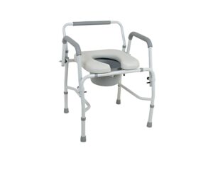 Adjustable metal commode chair with padded seat and armrests.