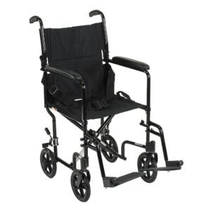 Black lightweight folding wheelchair with armrests and footrests.