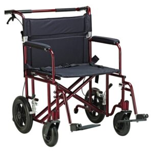 Lightweight foldable wheelchair with black seat and red frame.